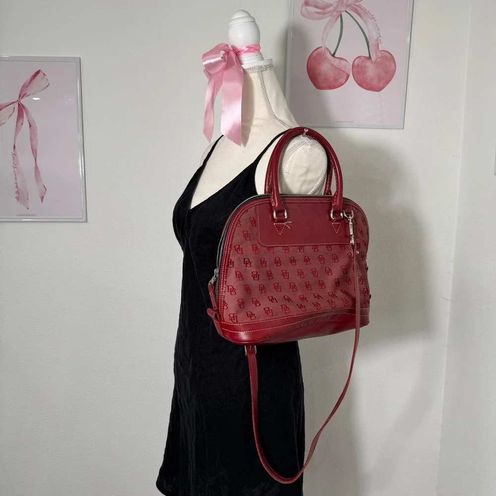 Dooney & Bourke Vintage Red Monogram Canvas Leather Dome Satchel Bag